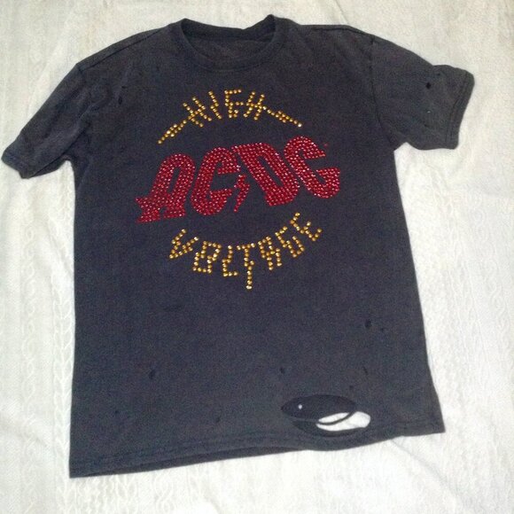 AC/DC Distressed Tee; Ladies S - M; High Voltage, GroupieChic, Roadie, Sequins - Picture 1 of 3